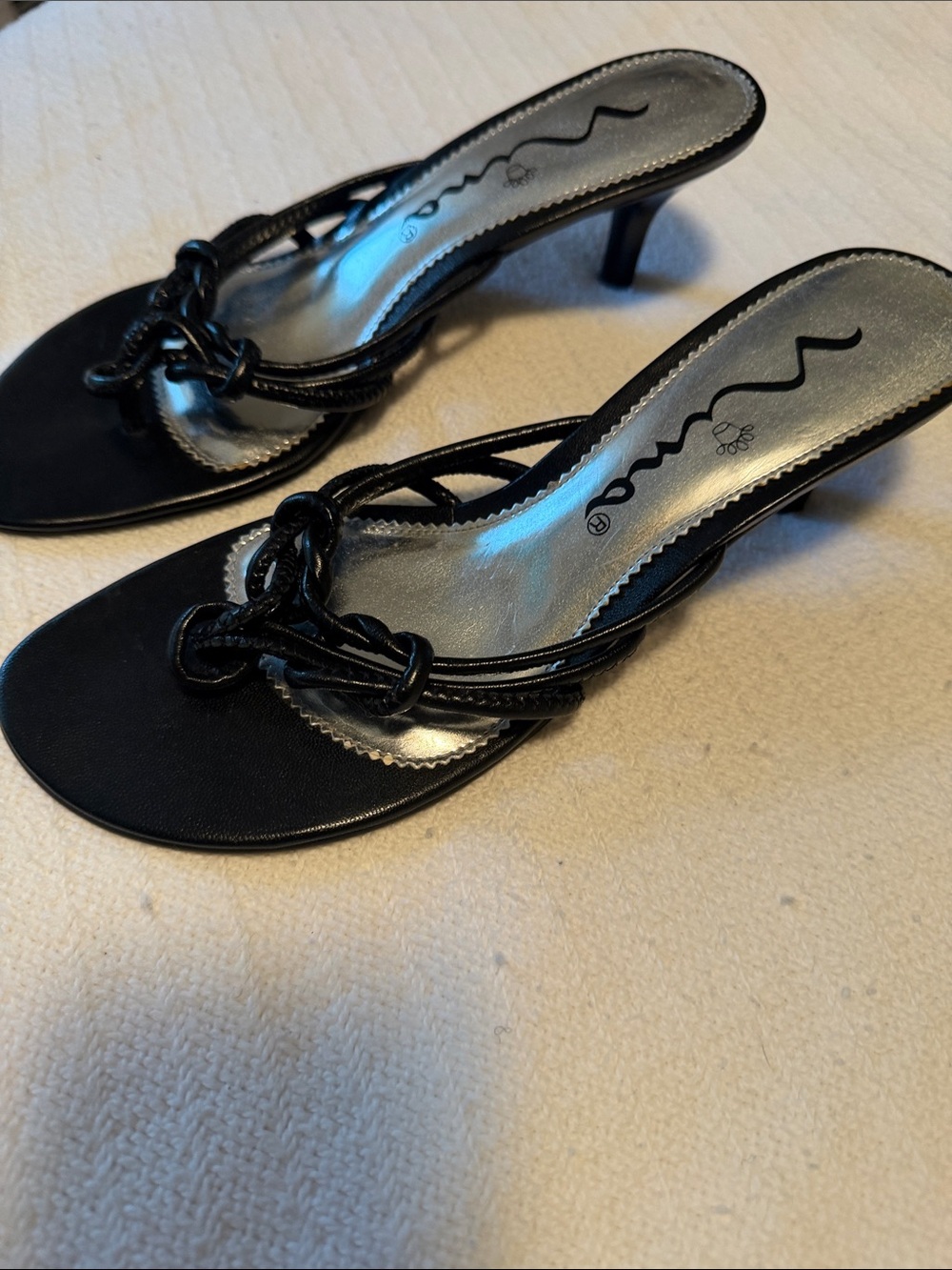 Nina Black Knotted Strap Slide Heels 7.5